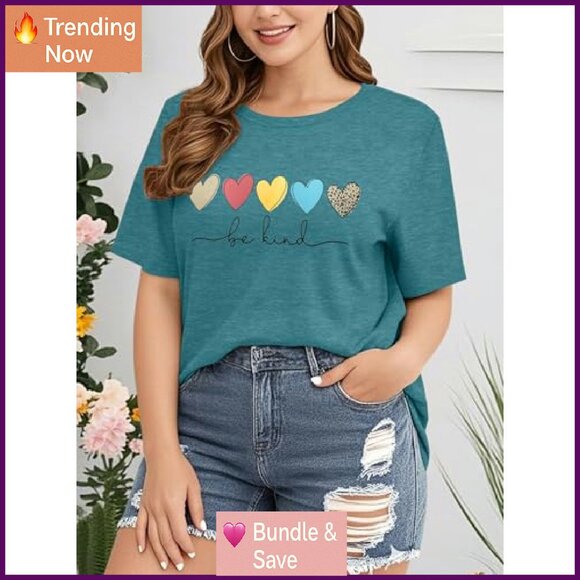 Plus Size Short Sleeve T-Shirt Kindness Flowers Print Pullover Tunic Polyester - Picture 3 of 8